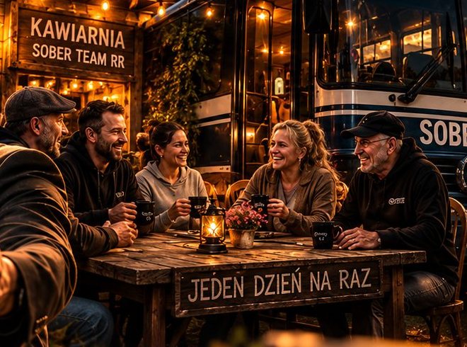 Ekipa Sober Team RR przy stole w kawiarni, kubki kawy i tabliczka Jeden dzień na raz.